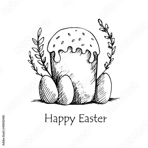 Easter cake with eggs hand drawn illustration. Holiday greeting card. Black and white line art vector for coloring book page