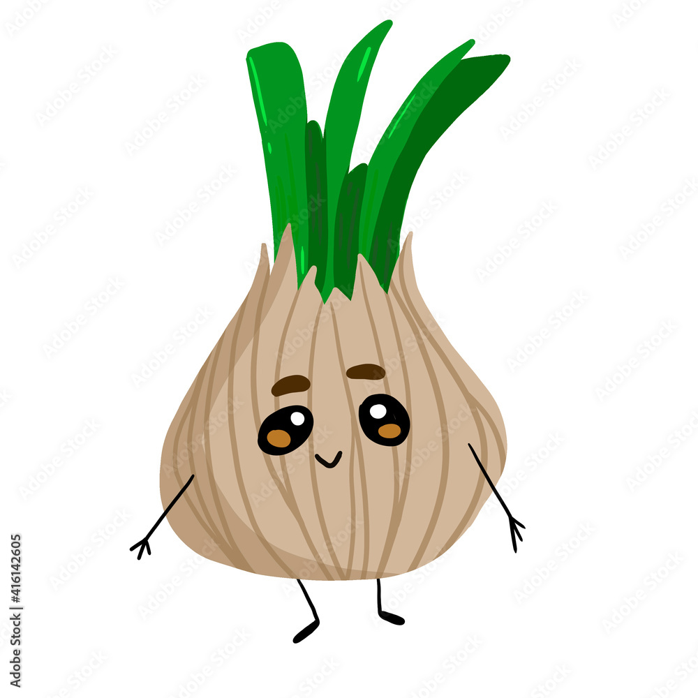 round brown onion with long green leaves in cartoon style isolated on white background