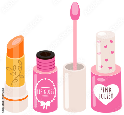 Decorative cosmetics lipstick and nail polish set of items, accessories for women s makeup and beauty. Pink lip gloss tube with a sponge brush. Lip care cosmetic accessory. Nail polish beauty hands