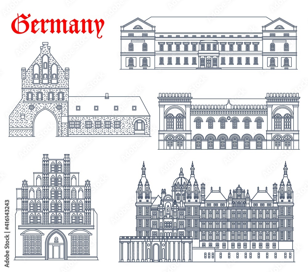 Germany landmark buildings icons, cathedral church architecture of Mecklenburg Vorpommern cities, vector. German landmark Schwerin rathaus, Wismar castle schloss and wassertor, gothic Alter Schwede