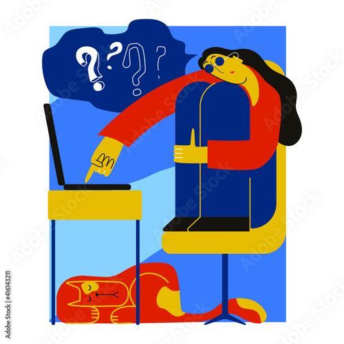 The girl is sitting at the computer and aimlessly pokes her finger into the keyboard. Concept of creative crisis, search for ideas. Vector flat illustration, futurism, blue-orange color