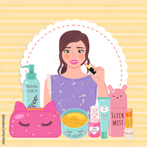 Beautiful girl makes look and does makeup, looks after beauty and paints lips on yellow background. Makeup cosmetics tools and Korean cosmetics. Beauty products collection for skin care and health photo