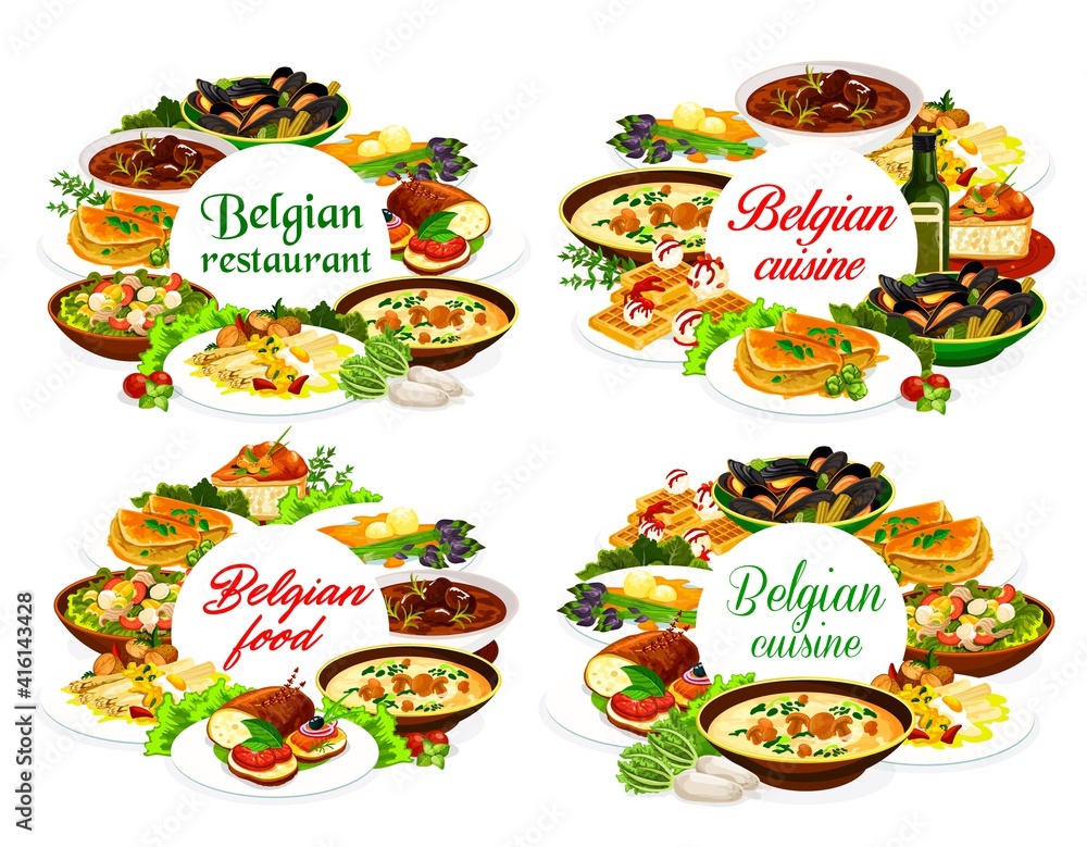 Belgian cuisine food of vector restaurant dishes. Beef beer stew carbonnade, seafood potato salad, waffle and mussels, beer bread, rice cake, Flemish asparagus and brussels sprout omelette Belgian cuisine food of vector restaurant dishes. Beef beer stew carbonnade, seafood potato salad, waffle and mussels, beer bread, rice cake, Flemish asparagus and brussels sprout omelette