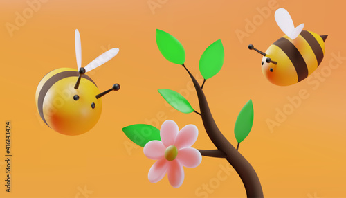 Blossom tree branch. Sweet little bees flying. 3D illustration. Vector