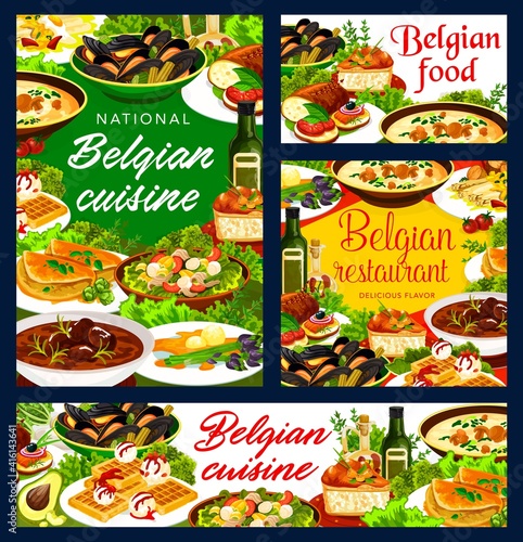 Belgian cuisine restaurant food vector banners. Beef meat stew  mussels and waffles  potato tuna salad  beer bread and rice cake  Flemish asparagus  brussels sprout omelette and mushroom soup