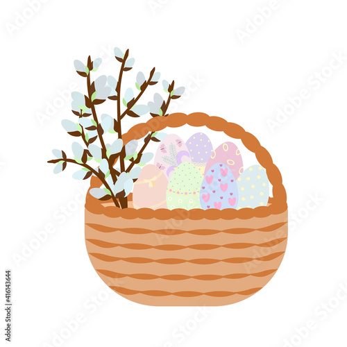 Easter basket with pussy willow branches and painted eggs, simple vector illustration in flat style for spring festive period greeting cards, invitations, banners