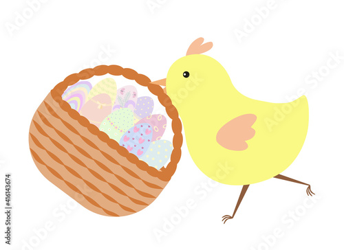 Easter basket with pussy willow branches and painted eggs, simple vector illustration in flat style for spring festive period greeting cards, invitations, banners