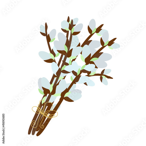 Pussy willow branches bouquet, willow tree twigs vector floral illustration for spring holidays decor, greeting cards, invitations, banners, web design