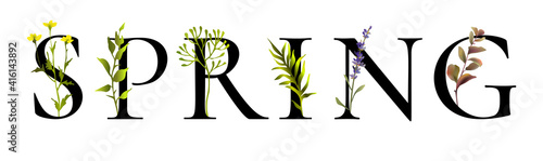 Inscription spring design with floral elements. Vector illustration