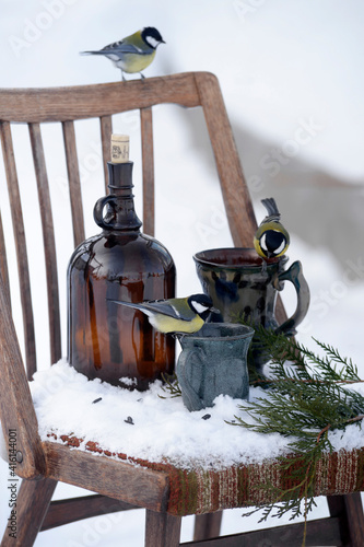 still-life with a bottle, a clay mug and three titmice on the old chair