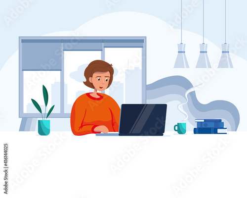 The girl behind the laptop works remotely from home during COVID-19 restrictions. Vector concept illustration of remote work