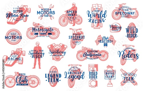 Motorsport racing and biker club lettering icons set. Retro chopper, speedway and motocross motorcycles, racer in helmet, modern and vintage formula one car, engine piston, wire-spoked wheel vector