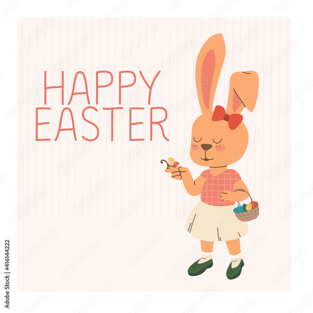 Bunny girl with a wicker basket with Easter eggs. Happy Easter square greeting card. Bunny girl with a wicker basket with Easter eggs. Happy Easter square greeting card.