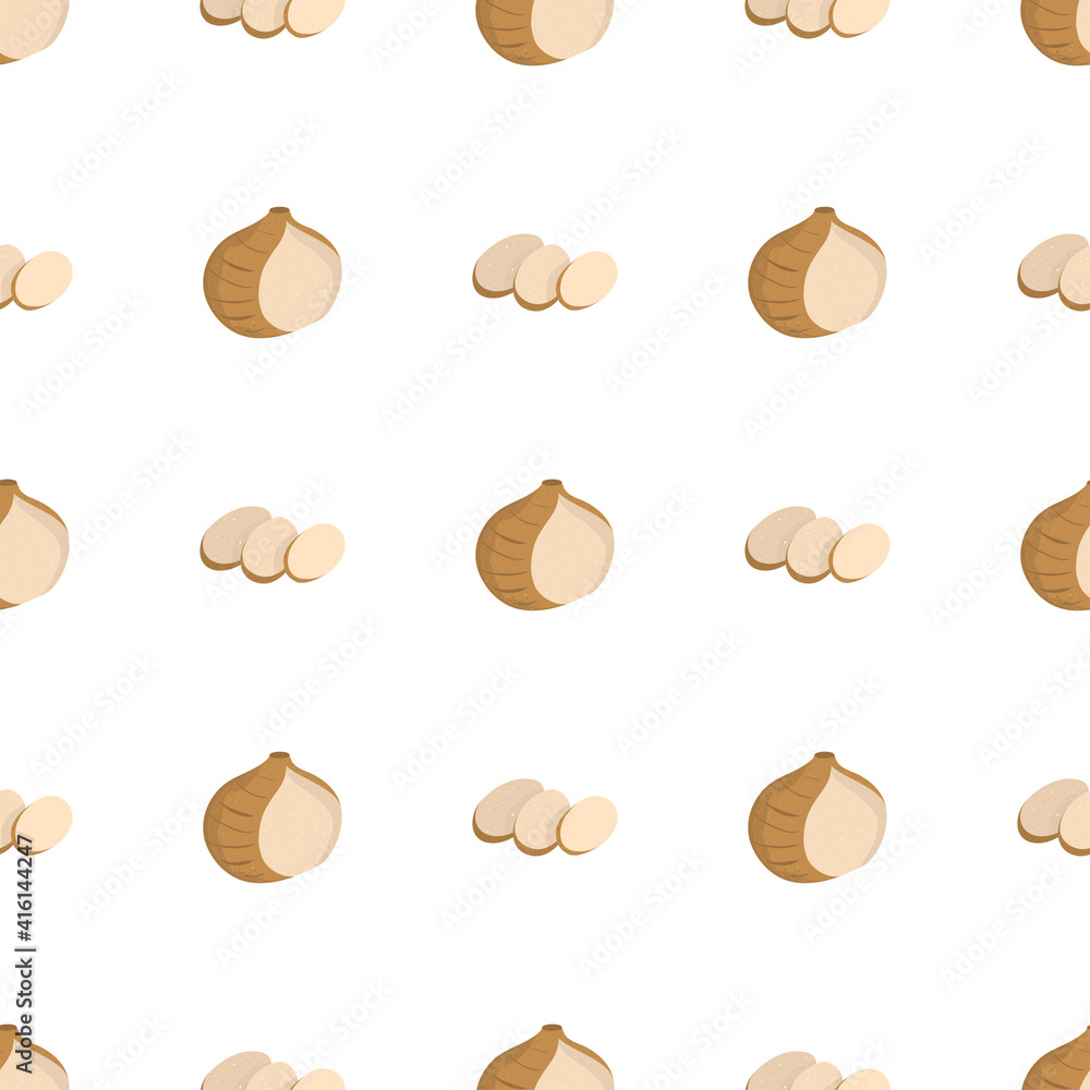 Seamless pattern with jicama root and sliced vegetable. Organic food textile. Hand drawn vector nature graphic background.