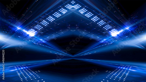 Fototapeta Naklejka Na Ścianę i Meble -  Abstract dark futuristic blue night background. Rays and lines, lightning, lights. Blue neon light, symmetrical reflection, futuristic light tunnel, stage. 3D illustration. 