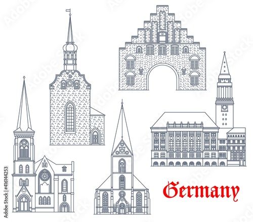 Germany landmarks, architecture buildings vector icons, German Schleswig Holstein cities cathedrals. St Nikolai church, Heiliggeistkirche and Marienkirche, Nordertor gate in Flensburg and Kiel rathaus