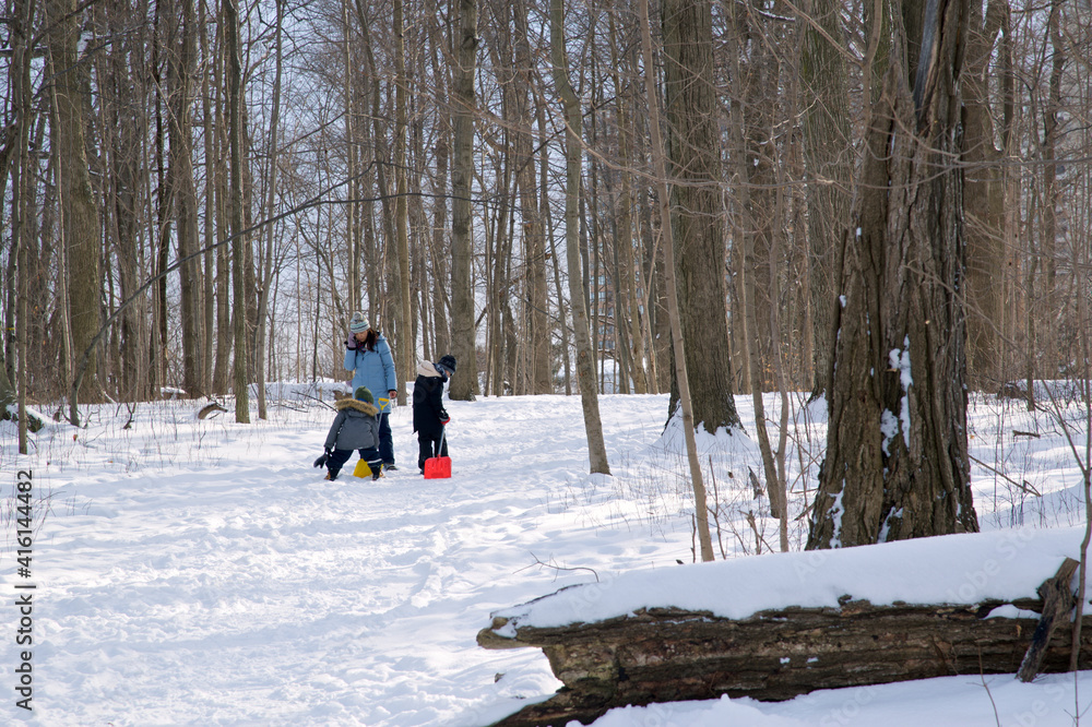Family walking with the face mask in the forest in winter. Covid-19, winter, outside, healthy lifestyle.
