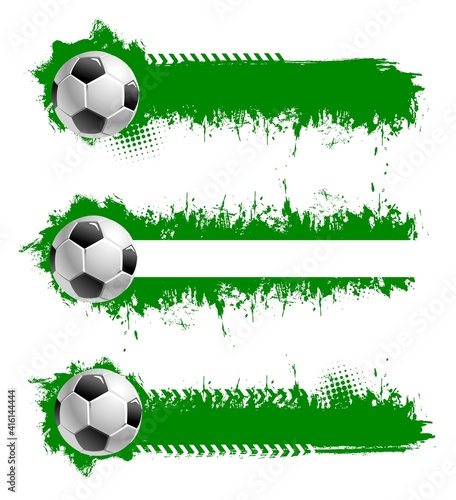 Football or soccer ball with grunge strokes isolated vector sports accessory on white background. Equipment for playing game, championship or tournament competition. Realistic 3d design elements set