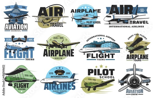 Aviation show and airline flight tours icons set. Airplane pilot school, airport flights and air travel emblem or badge. Modern aviation airliner and business jet, vintage biplane and monoplane vector