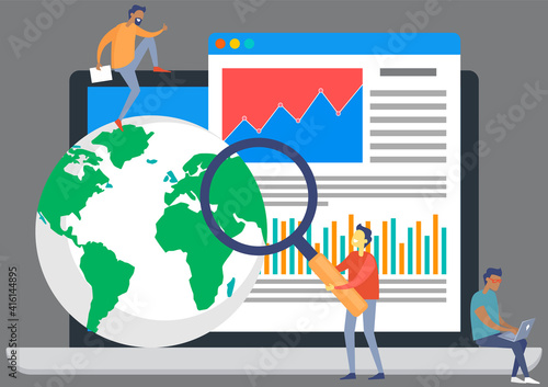 Macroeconomics, study of world economy. Flat tiny persons with magnifying glass and finance chart. Global money study and basic economy knowledge. Managers specialists analyze economic indicators