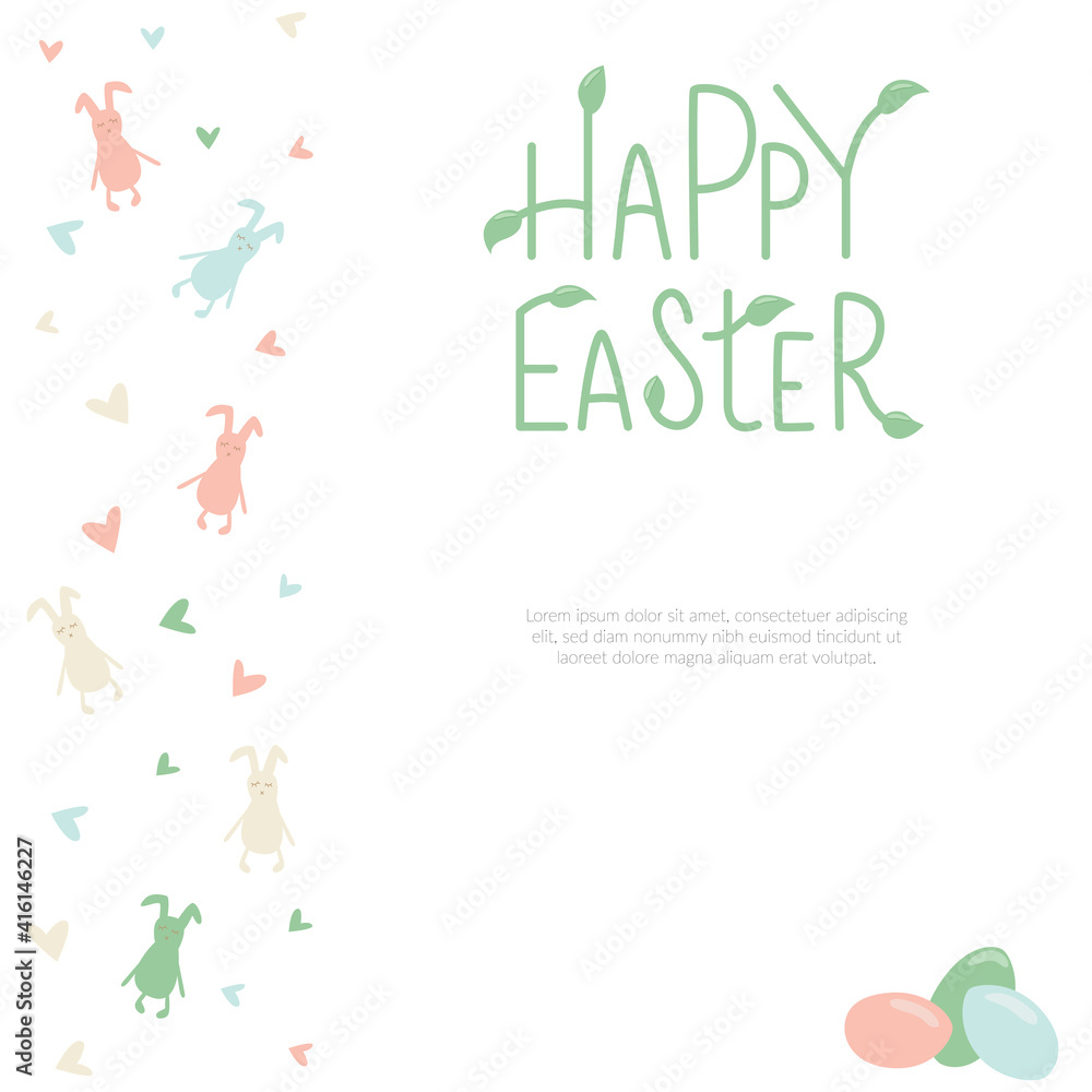 Happy Easter rabbit, bunny minimalistic style with lettering sign and frame. Vector stock illustration isolated on white background for Easter greeting card, template for invitation. EPS10