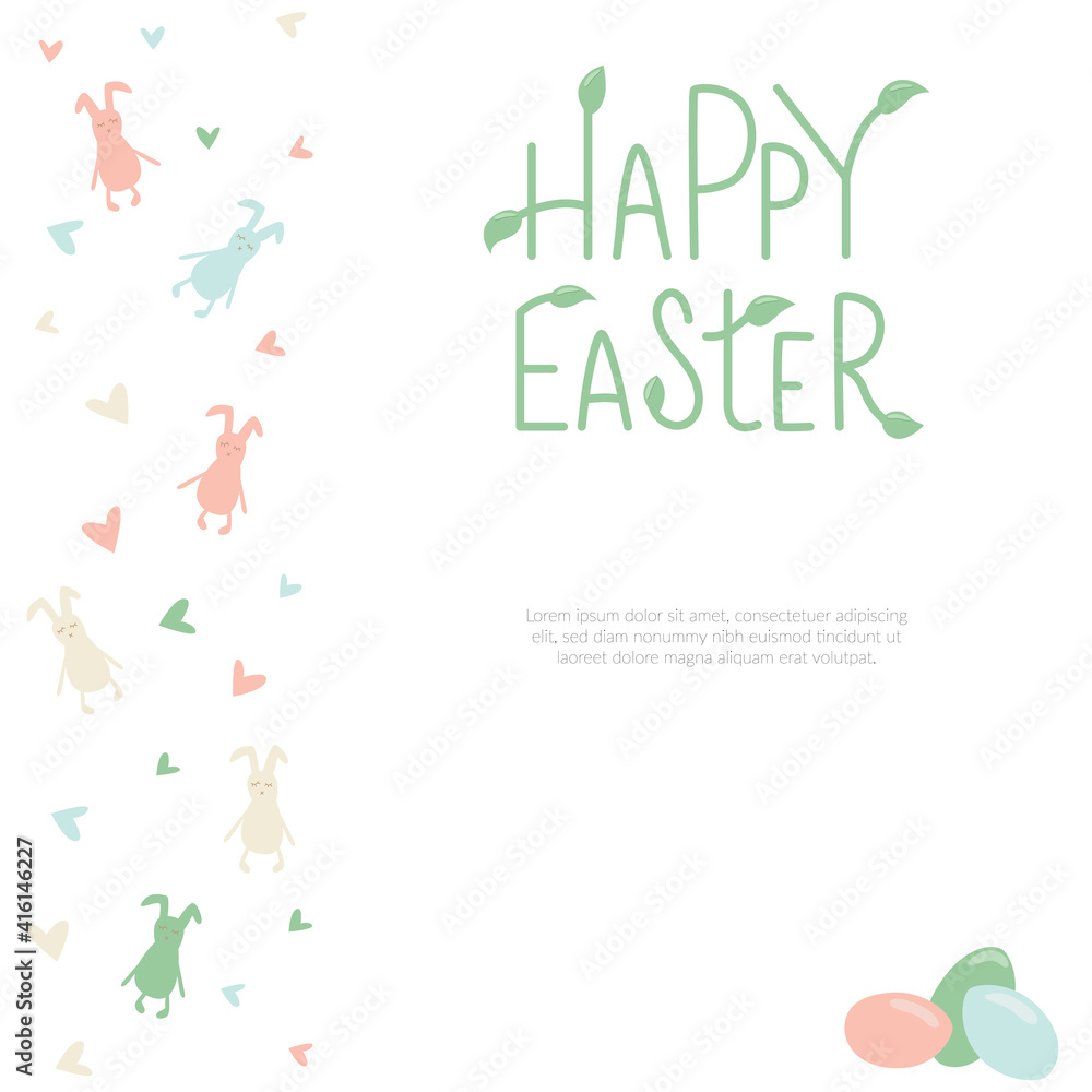 Happy Easter rabbit, bunny minimalistic style with lettering sign and frame. Vector stock illustration isolated on white background for Easter greeting card, template for invitation. EPS10 Happy Easter rabbit, bunny minimalistic style with lettering sign and frame. Vector stock illustration isolated on white background for Easter greeting card, template for invitation. EPS10