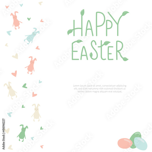 Happy Easter rabbit  bunny minimalistic style with lettering sign and frame. Vector stock illustration isolated on white background for Easter greeting card  template for invitation. EPS10