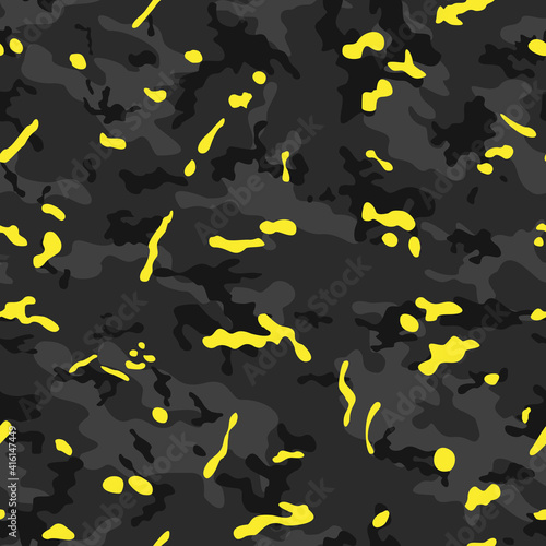 Black camouflage with yellow spots seamless pattern.