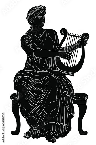 Ancient Greek woman goddess of art with a harp in her hand and a laurel wreath on her head.