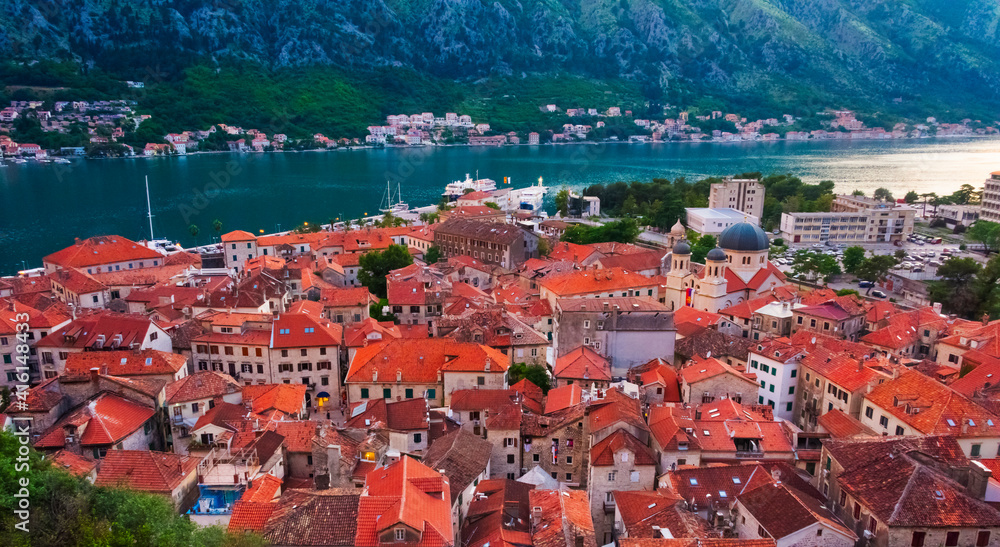 Red roof houses on the Adriatic coast in the Bay of Kotor, Montenegro
