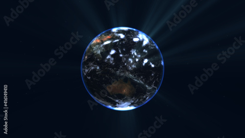 earth globe with glowing details and light rays. 3d illustration.