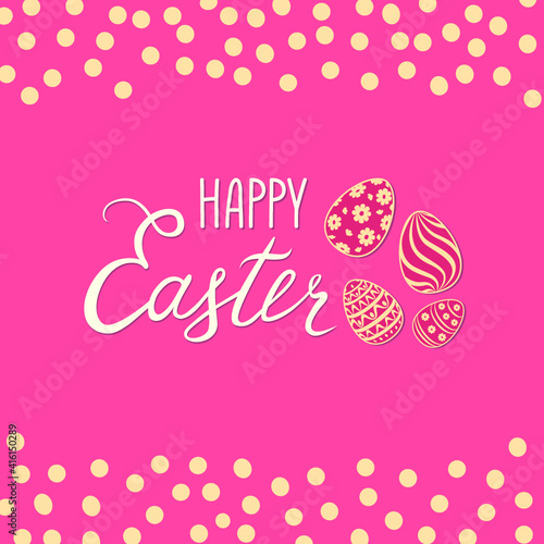 Happy Easter greeting card. Spring holiday bakground with eggs and handwritten lettering HAPPY EASTER over line drawn Easter icons eggs over retro background.