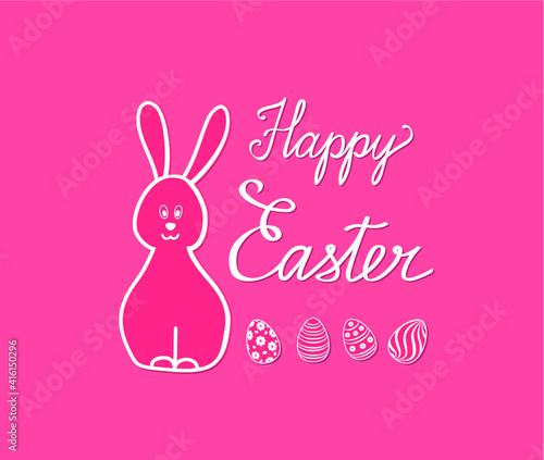 Happy Easter greeting card. Spring holiday bakground with eggs, rabbit bunny and handwritten lettering HAPPY EASTER over line drawn Easter icons eggs over festive bright background.