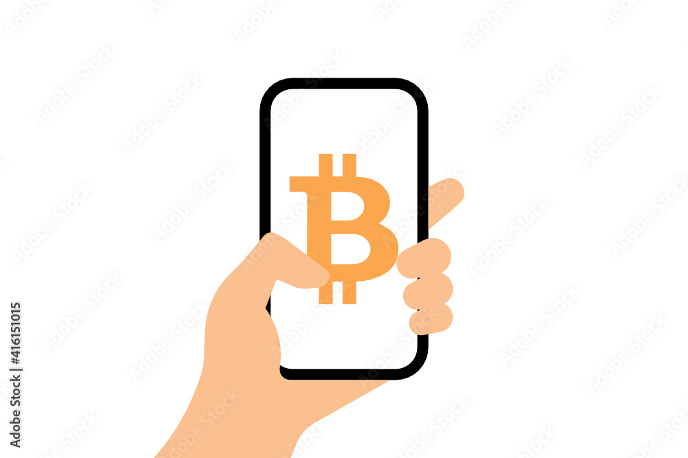 Hand holding a phone with Bitcoin logo Hand holding a phone with Bitcoin logo