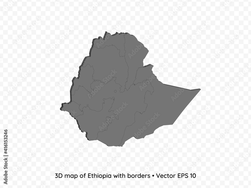 3D map of Ethiopia with borders isolated on transparent background, vector eps illustration