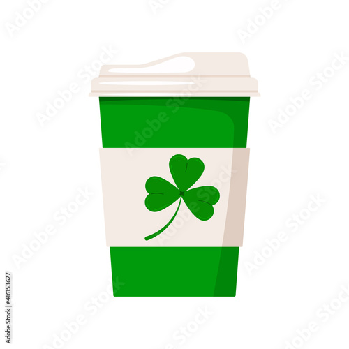 St Patrick day coffee cup with shamrock. Hot drink coffee or tea take away cafe mug with good luck irish charm trefoil clover isolated on white background. Vector flat coffee to go cup icon.