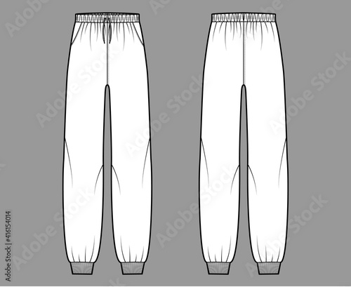 Sweatpants technical fashion illustration with elastic cuffs, low waist, rise, full length, drawstrings. Flat training trousers apparel template front, back, white color. Women men unisex CAD mockup