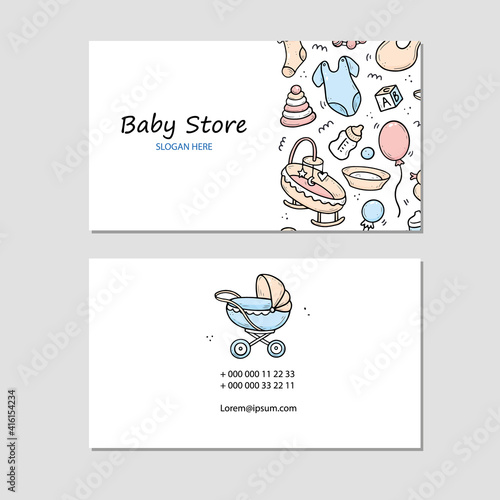 Hand drawn visit card with baby things, toy, rattle, milk bootle, clothes. Doodle sketch style. Illustration for baby store, kids shop business card design template.