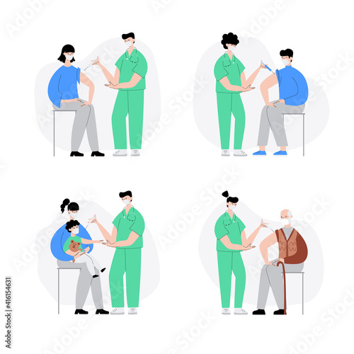 Coronavirus vaccination, doctor injecting a patient, getting shot of covid-19 vaccine. A nurse giving a coronavirus vaccine to people, concept illustration for immunity health