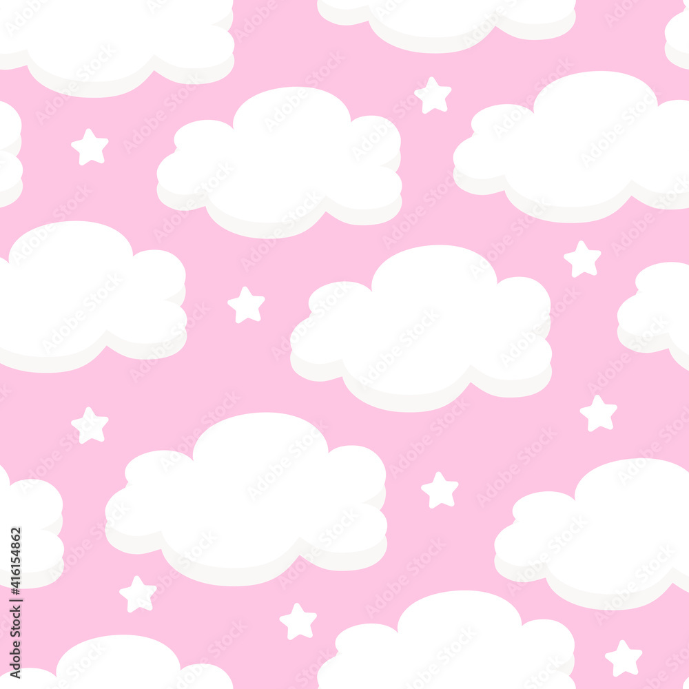 Seamless pattern with white clouds and stars on a pink sky background. For printing on fabrics, textiles, paper, bedding. Vector graphics.