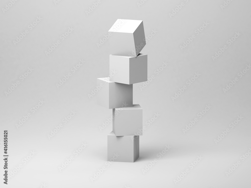 Abstract tower installation of five white cubes in an empty studio - obrazy, fototapety, plakaty 