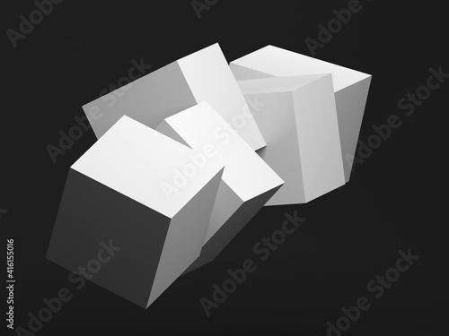 Abstract installation of five white cubes in an empty black room 3d