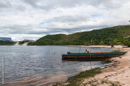 View of waterfalls falling on the lagoon in Canaima National Park  Bolivar  Venezuela .