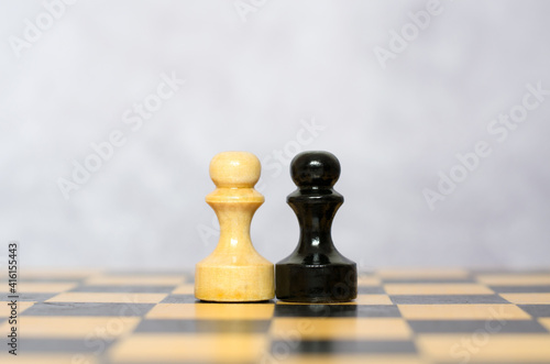 White and black wooden pawn on a chessboard. Chess pieces  side view