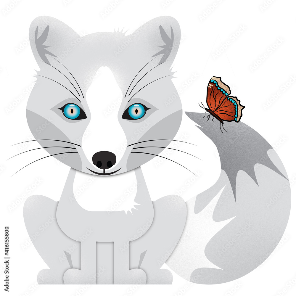 Fototapeta premium Arctic Fox and Mourning Cloak Butterfly Sitting Isolated on White Illustration with Clipping Path
