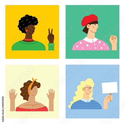 International women's day.Diverse international and interracial group of standing women. For girls power concept, feminine and feminism ideas. Vector illustration.