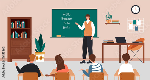 Female character is teaching language at school. Students at school, classroom and teacher at chalkboard. Children learn foreign languages in group. Flat cartoon vector illustration