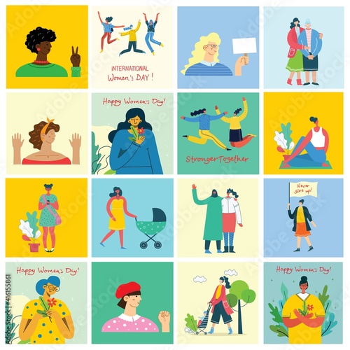 International women's day.Diverse international and interracial group of standing women. For girls power concept, feminine and feminism ideas. Vector illustration.