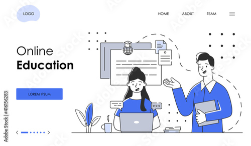Female character is studying online on laptop. Concept of remote online digital education on computer. Website, web page, landing page template. Flat outline cartoon vector illustration