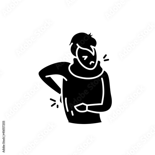 Muscle or backaches glyph icon.Character with stomach,flu,cold pain problems. Health problem.Filled flat sign. Isolated silhouette vector illustration
